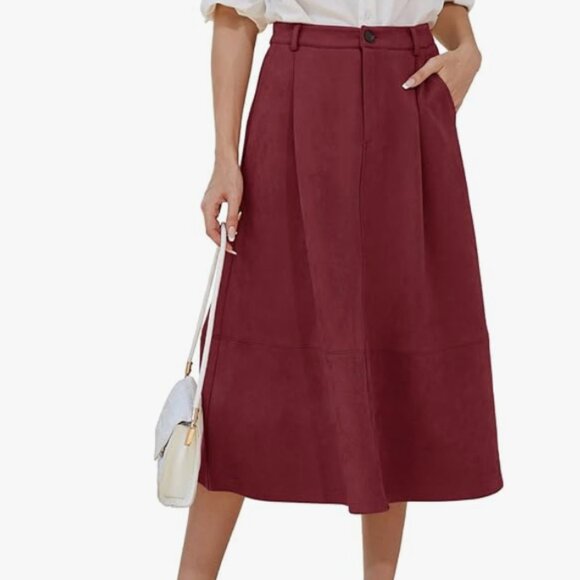 Faux Suede High Waisted Pleated A-Line Midi Skirt with Pockets - Picture 1 of 6